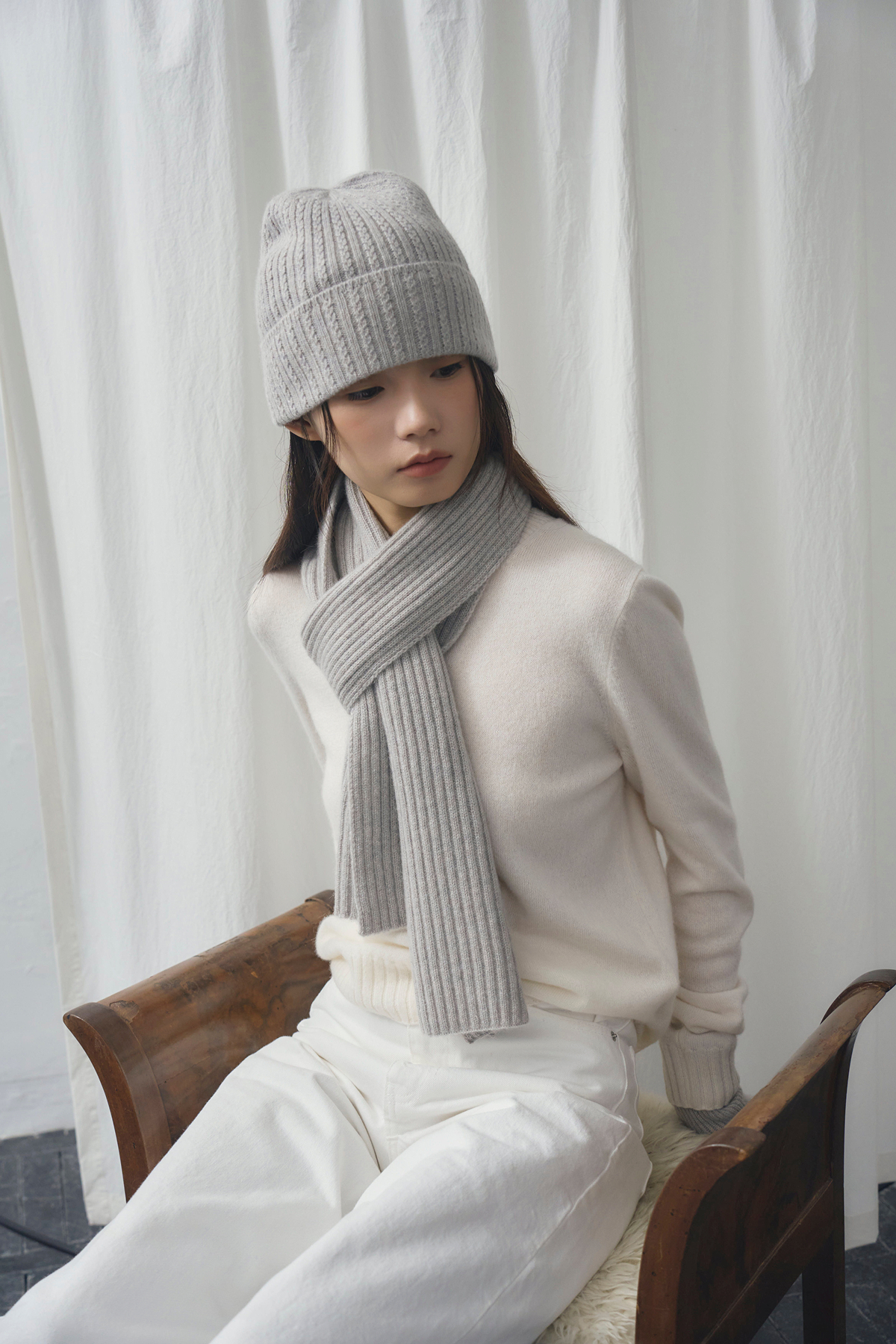 [캐시미어100] 케이블 비니 MELANGE GRAY