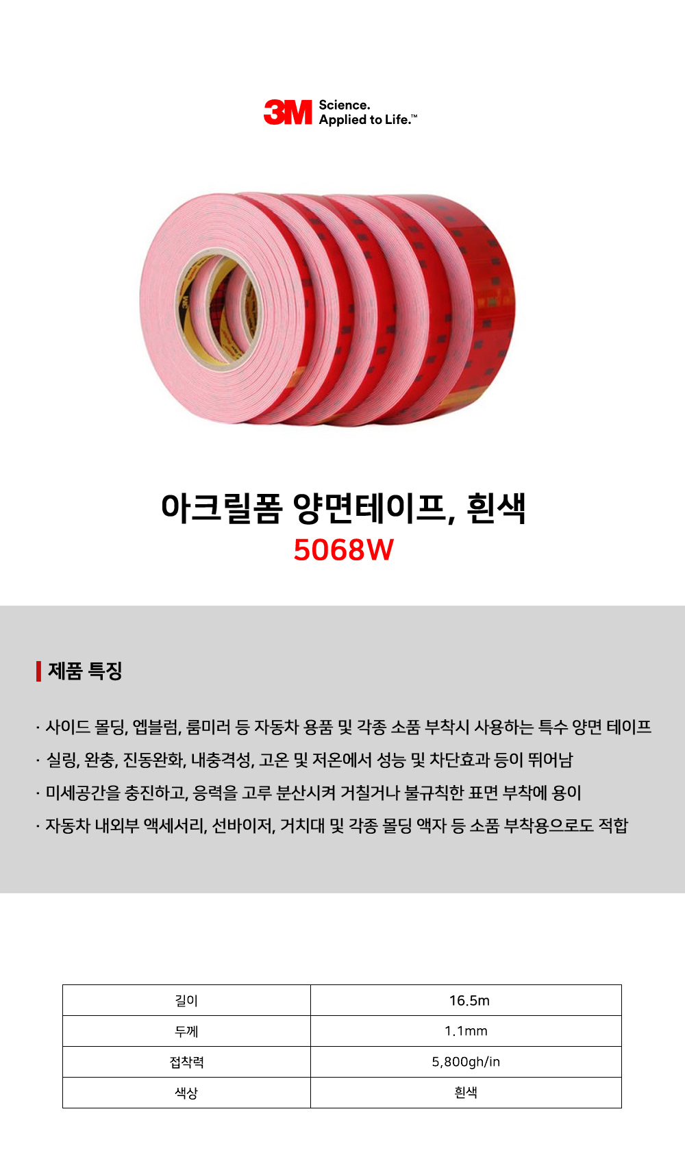 3M 아크릴폼 양면테이프, 흰색