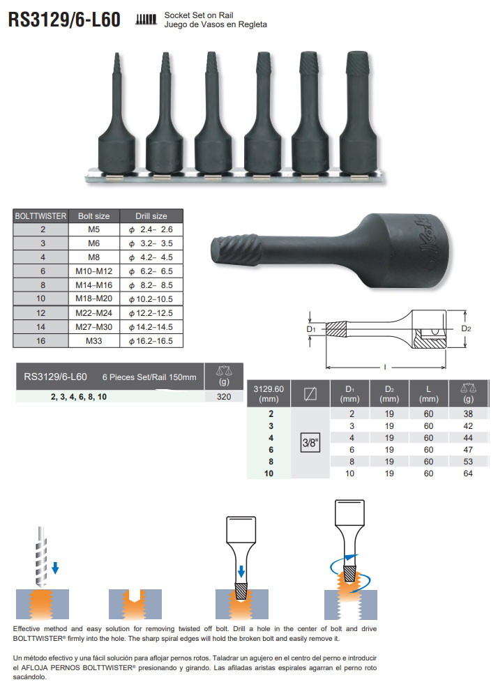 코켄 3/8인치 볼트 트위스터 세트/반대탭 RS3129 L60 (6PCS)