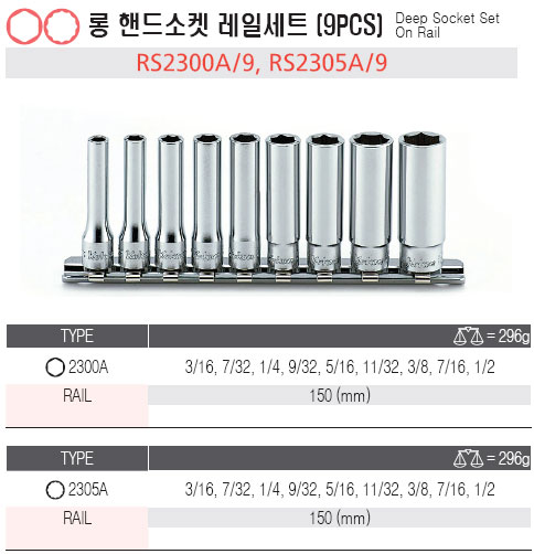 코켄 1/4인치 롱 핸드소켓 레일세트 RS2300A/9