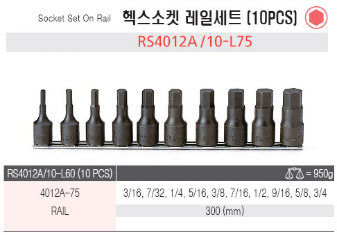 코켄 1/2인치 헥스소켓 레일세트 RS4012A/10-L75 (10PCS)