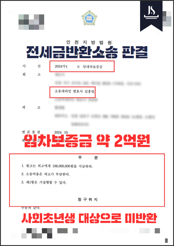 인천 전세금반환소송 변호사의 우수성공사례 판결문