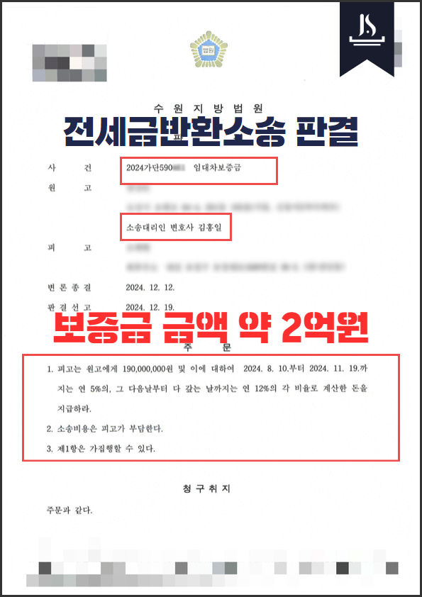전세금반환소송 변호사의 조력으로 보증금 2억원 반환받은 사례