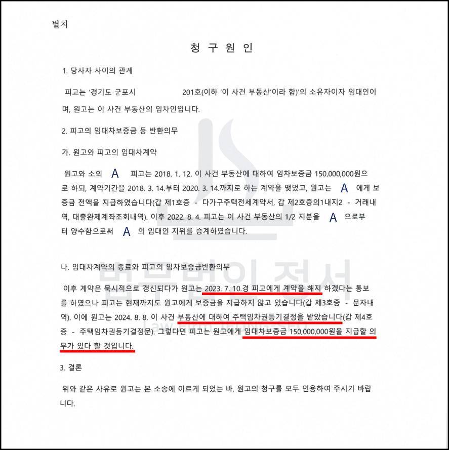 전세금반환소송 변호사의 의뢰인 청구원인