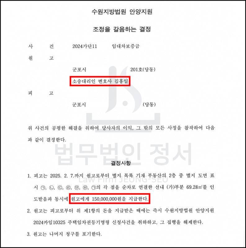 전세금반환소송 변호사의 조력으로 보증금 1억 5천 지급 조정된 결정문