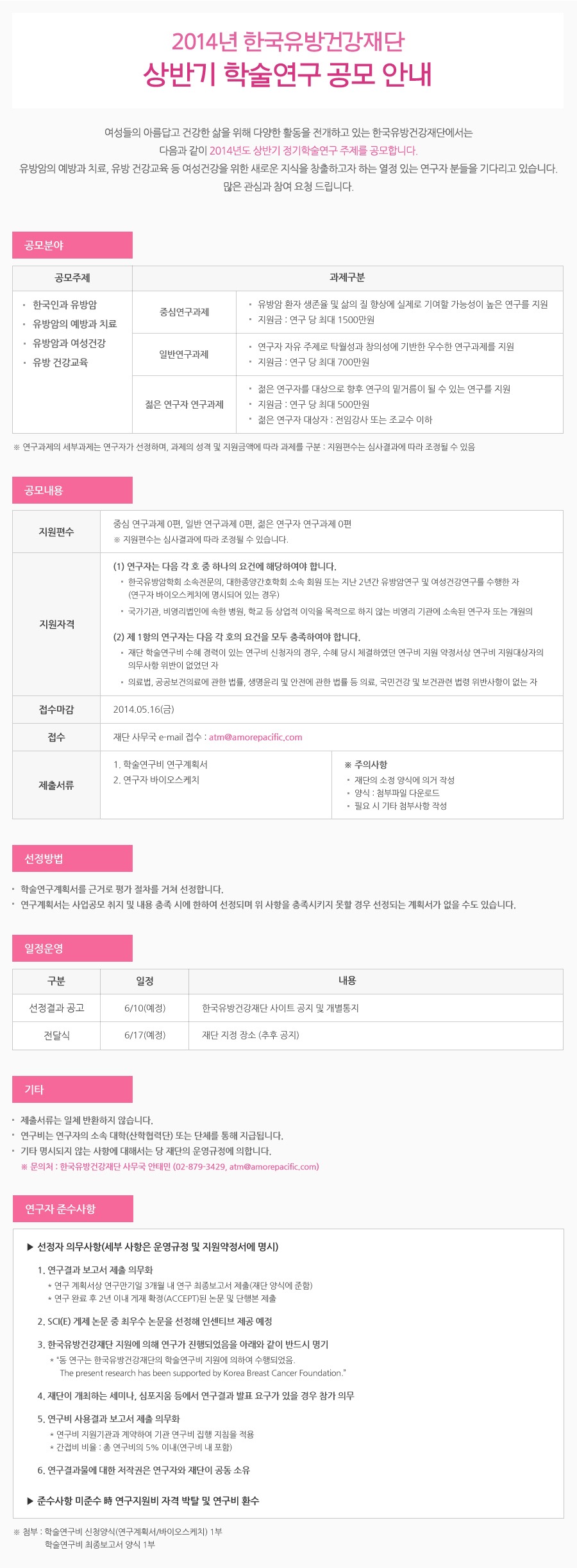 2014년 한국유방건강재단 상반기 학술연구 공모 안내