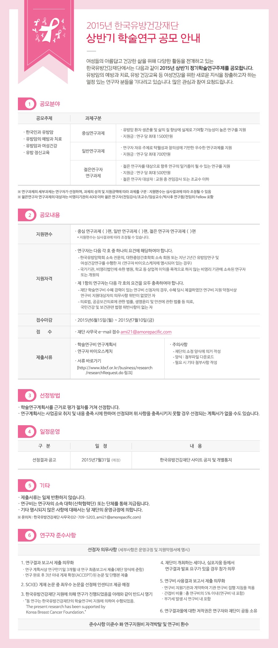 2015년 한국유방건강재단 상반기 학술연구 공모 안내