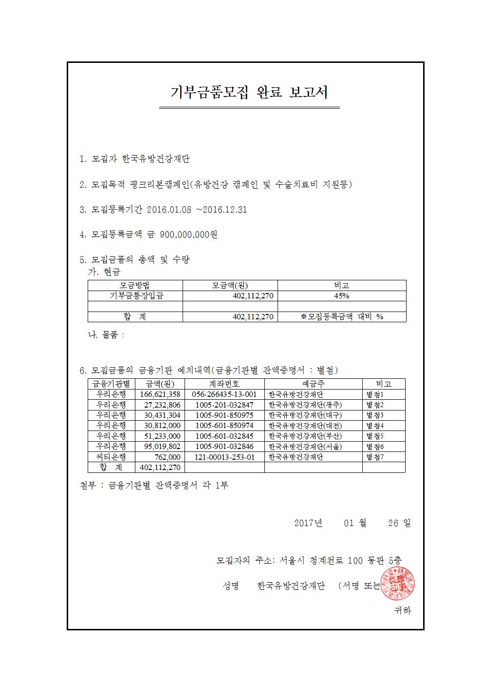 2016년 기부금품모집 완료 보고서입니다.