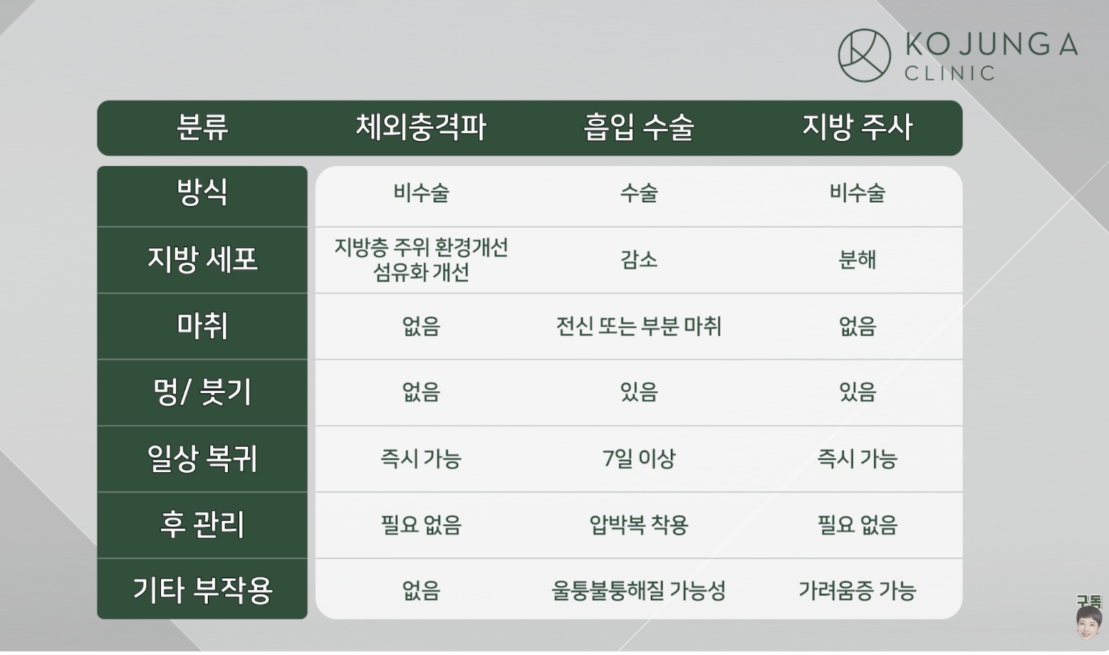 효과와 특징을 비교한 표 이미지