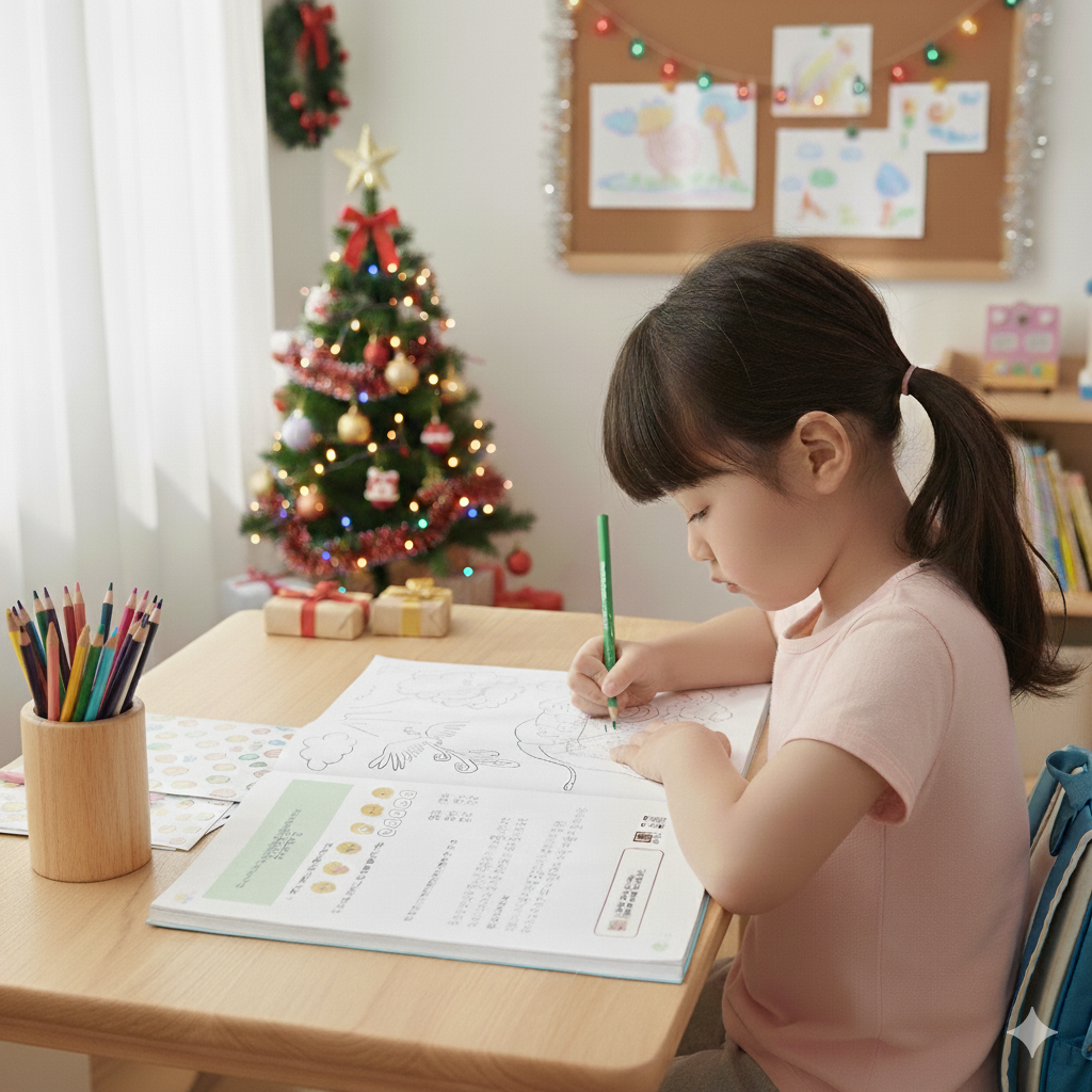 한 어린이가 크리스마스트리가 있는 방안에서 말씀쓰기와 컬러링을 하고 있어요.