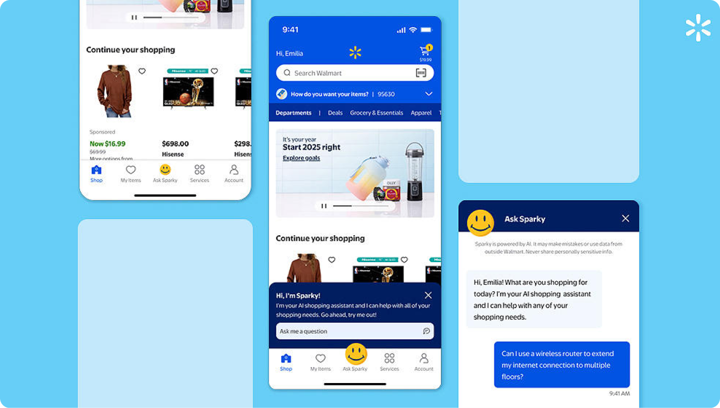 Walmart 앱에서 AI 쇼핑 어시스턴트 Sparky를 통해 상품을 검색하고 질문하며 쇼핑하는 모바일 화면
