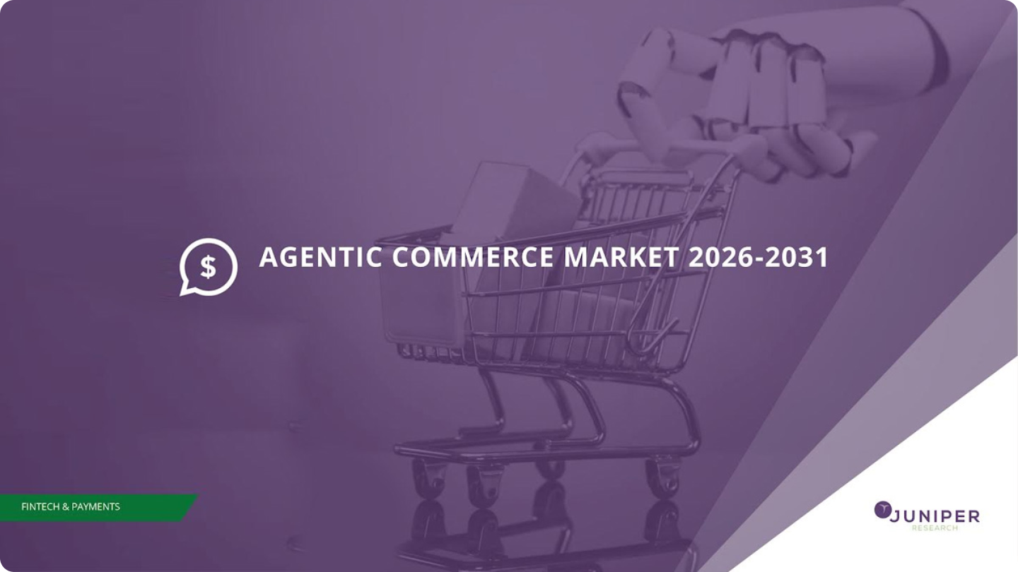 Juniper Research의 'Agentic Commerce Market 2026–2031' 보고서 표지. AI가 쇼핑 카트를 밀고 있는 에이전틱 커머스 시장 전망 이미지