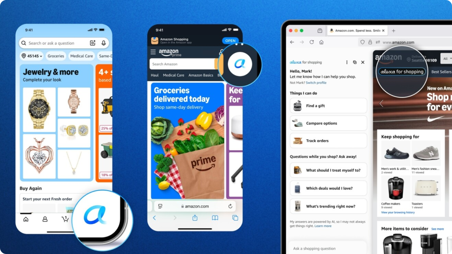 Amazon AI 쇼핑 화면. Alexa for Shopping을 통해 자연어로 상품을 검색하고 비교하는 AI 쇼핑 기능을 보여준다.