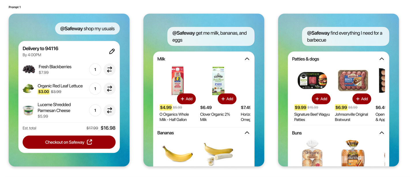 ChatGPT에서 Safeway 상품을 탐색하고 장바구니를 구성하는 쇼핑 화면. 평소 구매 상품, 식료품, 바비큐 재료 등을 요청해 상품을 추천받는 모습.