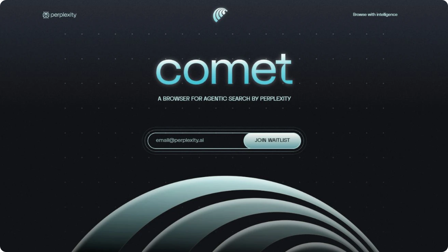 Perplexity의 AI 브라우저 Comet 소개 화면. 에이전틱 검색을 지원하는 Comet 서비스 화면이 표시되어 있다.