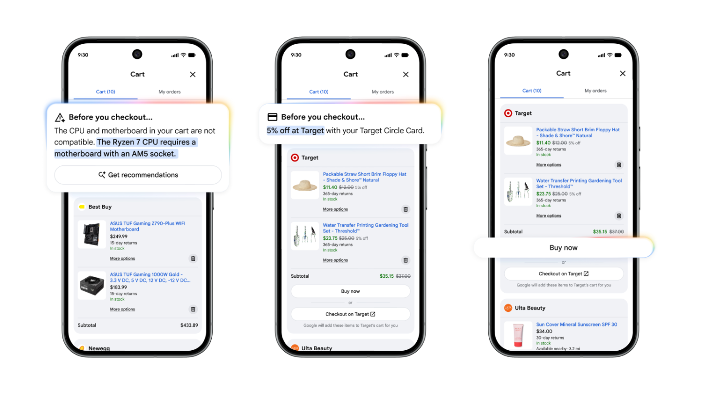 Google Universal Cart 화면 — 검색·Gemini 대화·YouTube에서 발견한 여러 판매자 상품을 하나의 장바구니에 담는 흐름