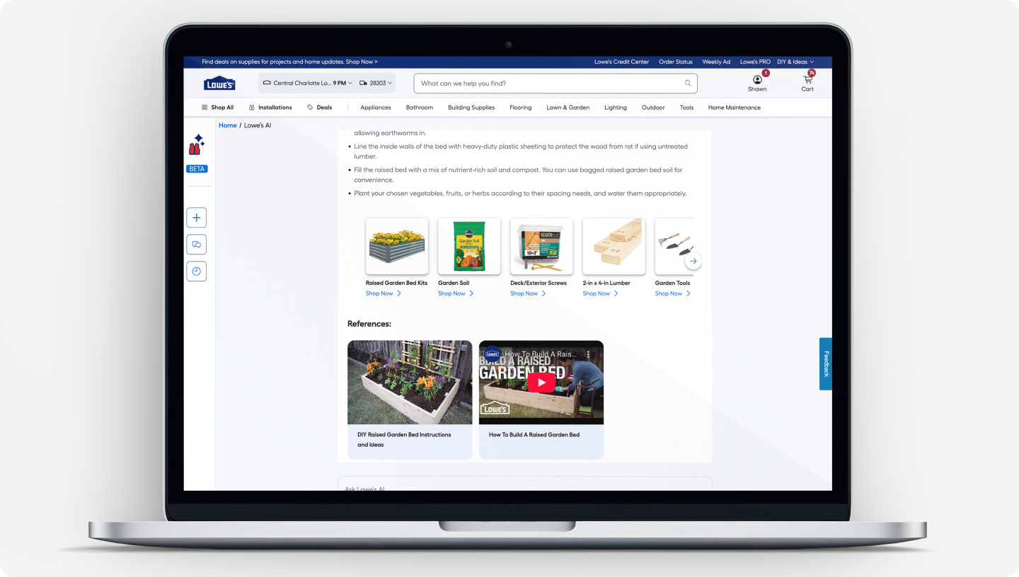 Lowe's AI 쇼핑 어시스턴트가 고객 질문에 맞춰 프로젝트 정보와 필요한 상품을 함께 추천하는 화면