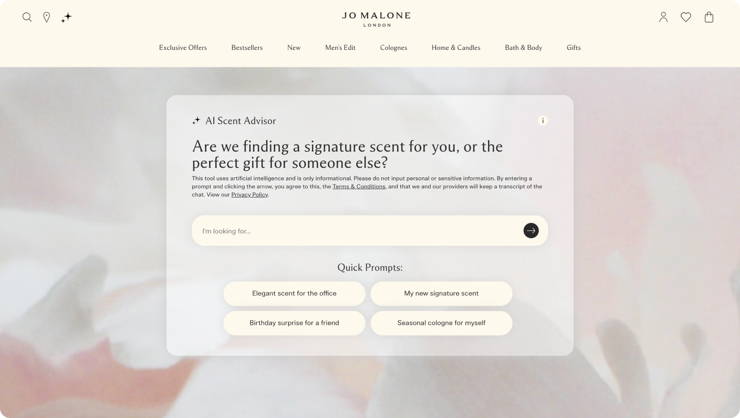 조 말론 런던의 AI Scent Advisor 화면 — 기분·기억·상황을 자연어로 입력하면 어울리는 향을 추천하는 서비스