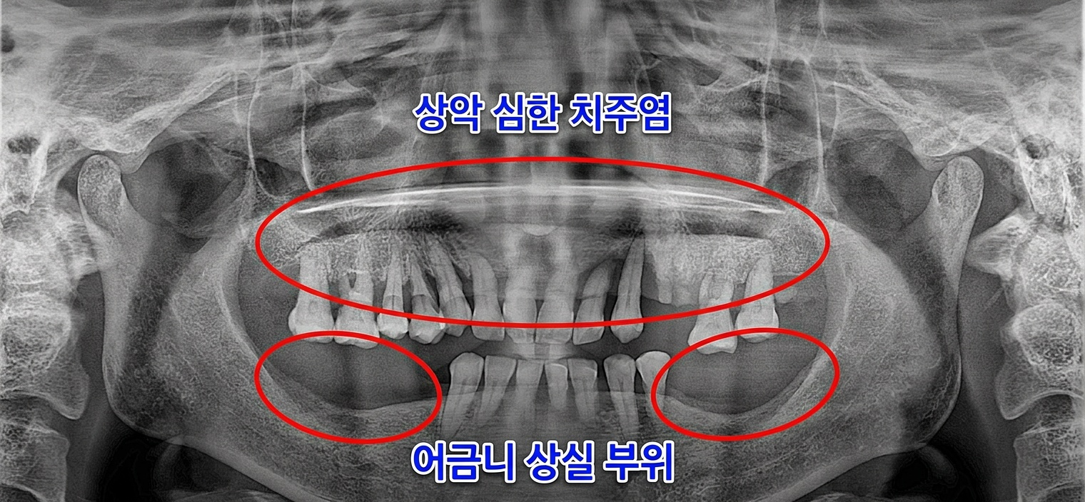 [치료 전] 하악 좌 우 구치부 치아 소실 상태, 상악 전체 치주염이 심각하여 치아 발치 요망
