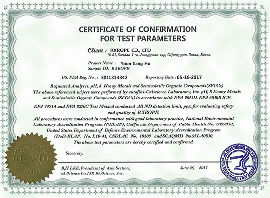 Our Rope got certificate of Confirmation for test parameters