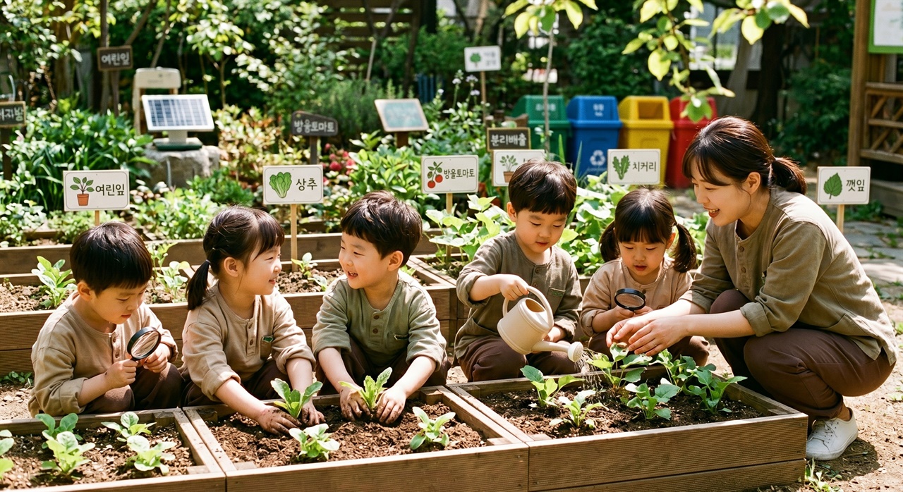 영유아교육기관에서 텃밭을 가꾸는 아이들과 선생님의 모습.