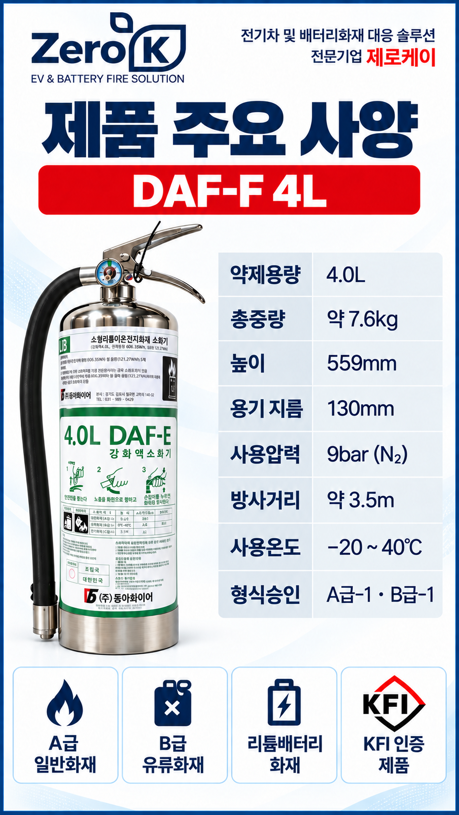 리튬이온배터리 전기차화재 대응 KFI A·B급 형식승인 LIB 성능인증 4L 강화액 소화기[판매점회원]