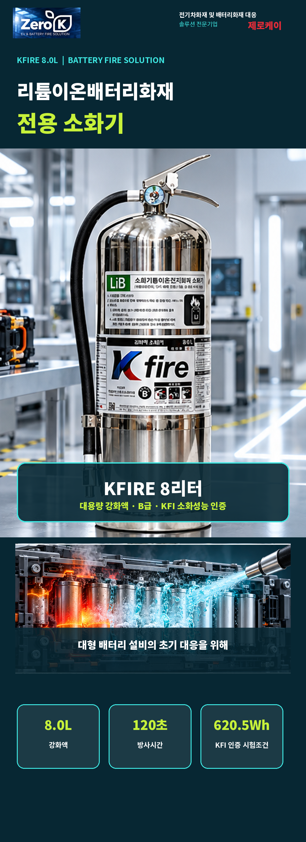 국내최초 KFI 성능인증 소형 리튬이온 배터리 전용 소화기 8리터 대용량
