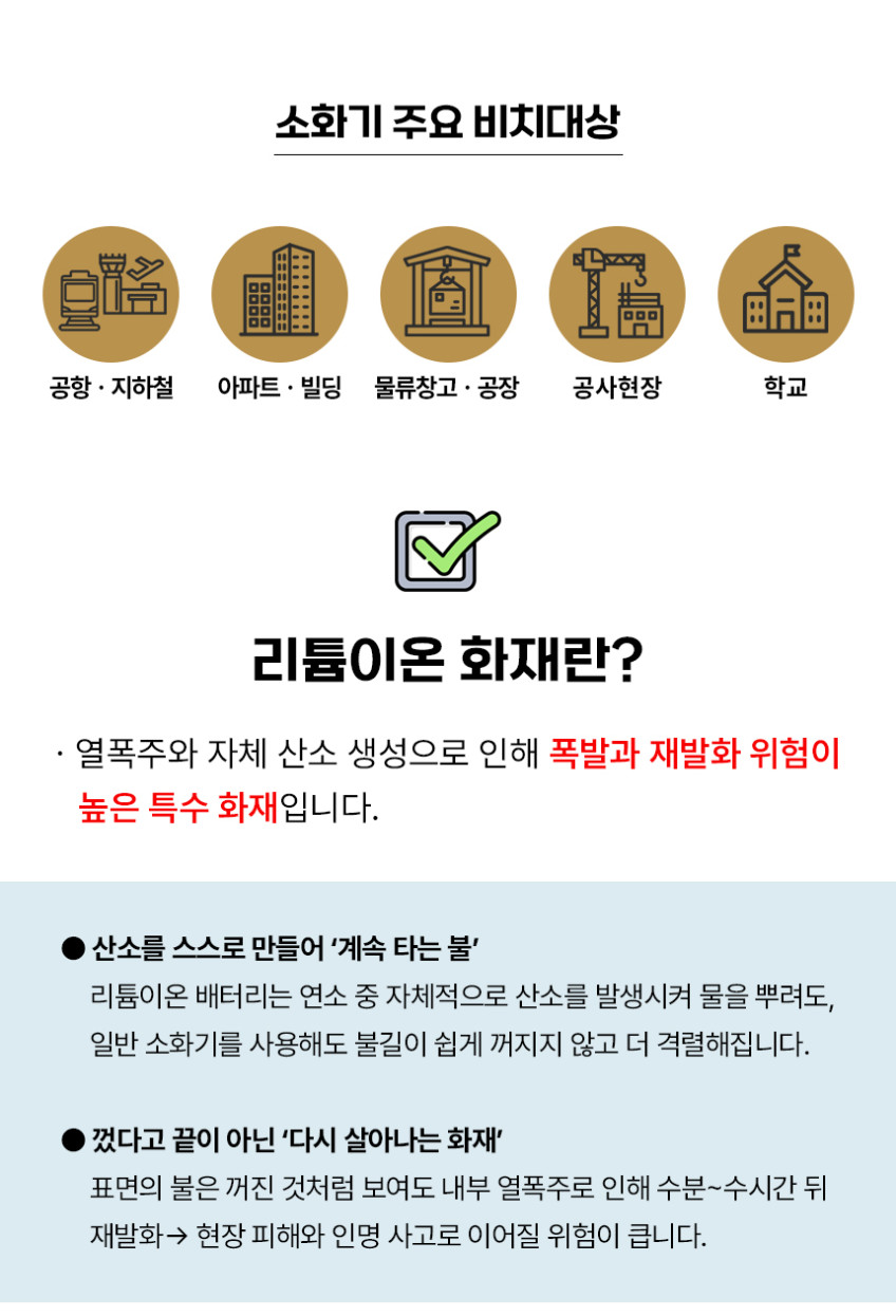리튬이온배터리 보조배터리 소화기 3L 소형리튬이온전지 화재전용 친환경인증 A급 B급 K급 한국소방기구제작소 ABK 영하40도에서도 얼지않는 초냉각소화약제