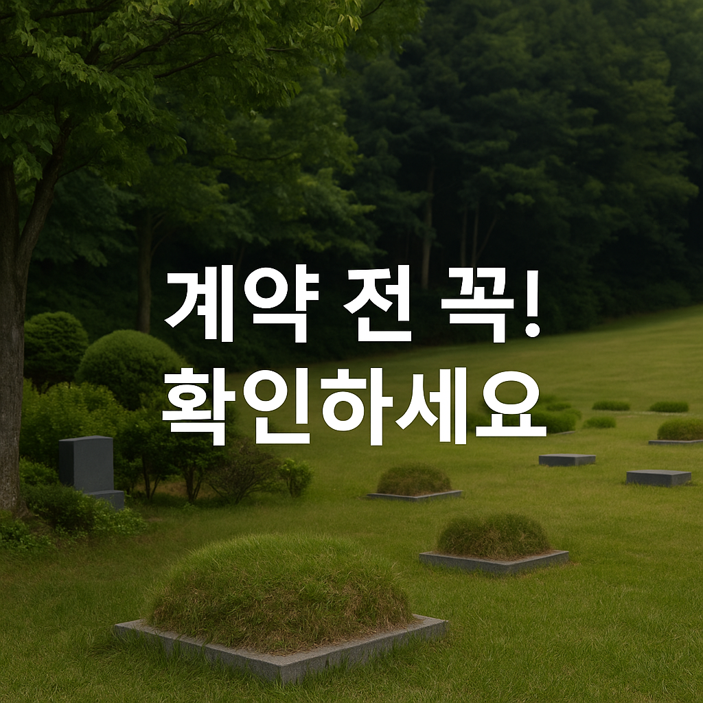 잔잔한 수목장·잔디장 풍경 위에 반투명 오버레이와 “계약 전 꼭! 확인하세요” 문구가 중앙에 배치된 메인이미지