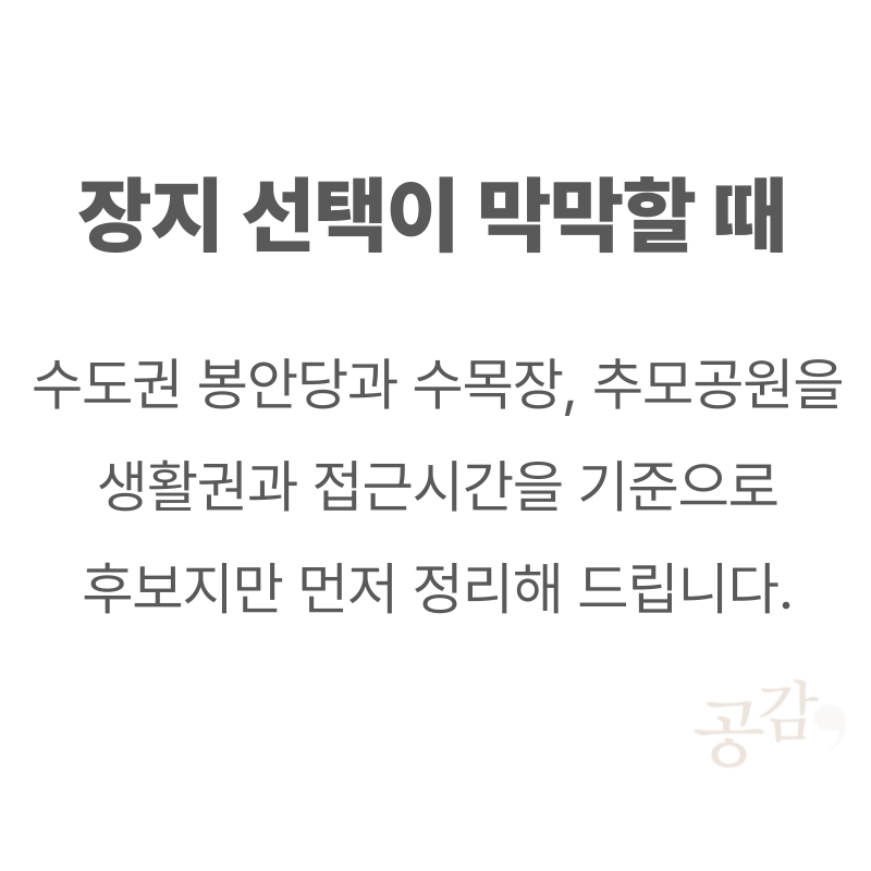 장지 선택이 막막할 때, 수도권 봉안당과 수목장과 추모공원을 생활권과 접근 시간을 기준으로 후보지만 먼저 정리해 준다는 공감 서비스 안내