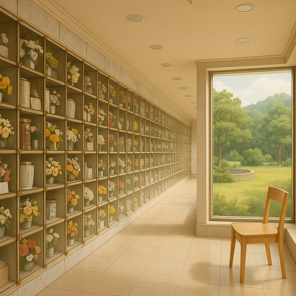 실내 봉안당 납골당 공간과 창밖의 자연경관