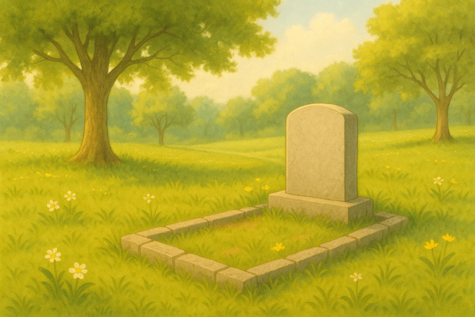 전통 매장묘: 묘비와 돌 테두리가 있는 잔디밭 추모 공간