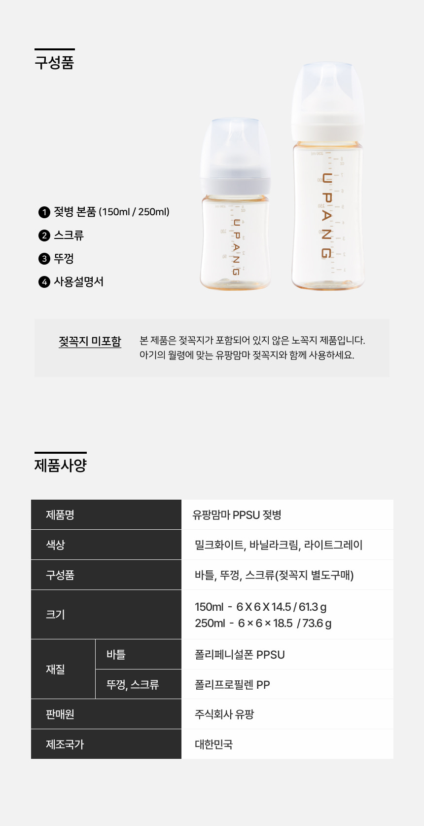 유팡맘마 PPSU 젖병 노꼭지 150ml 1개입 (화이트밀크)