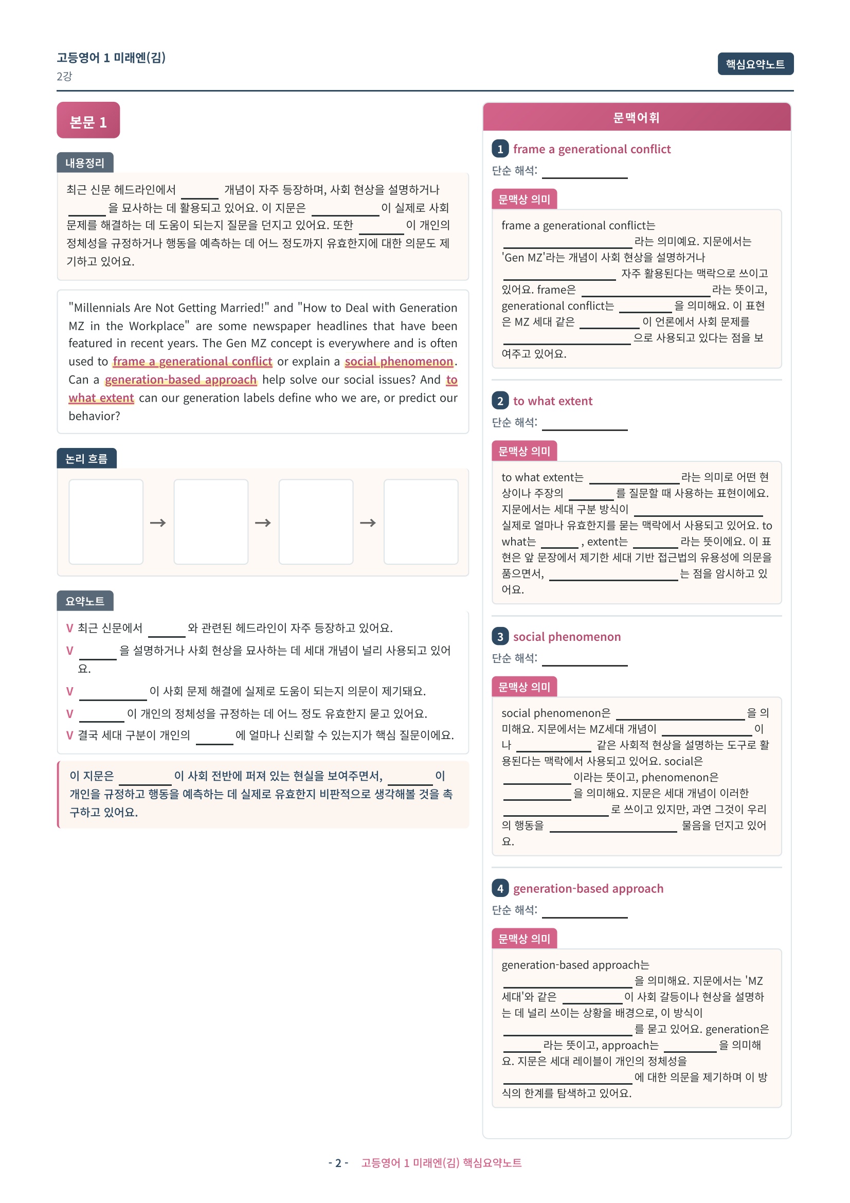 🩷 (고등영어1) 미래엔(김) 2과 핵심요약노트🩷