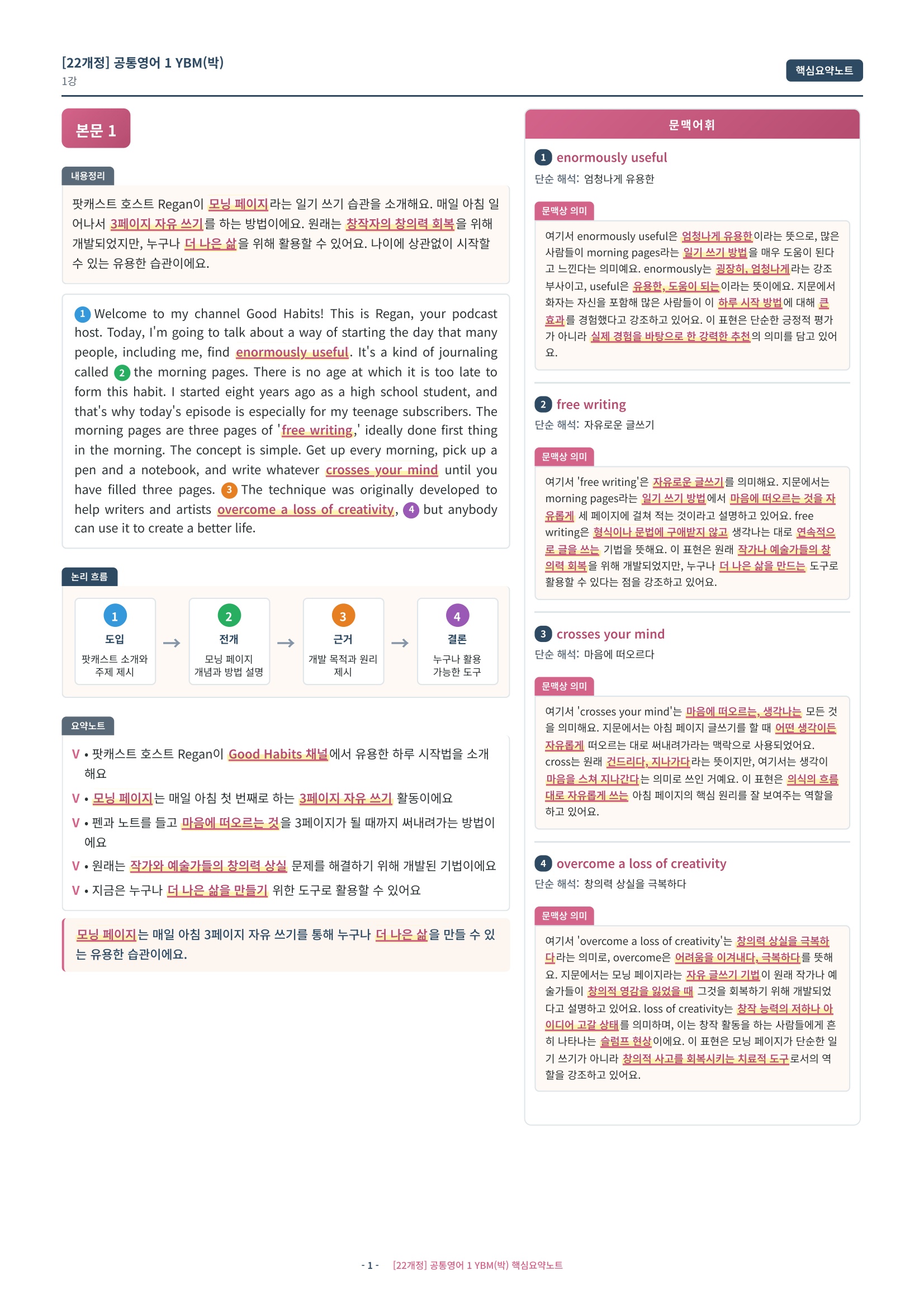 🩷[1과][핵심요약] 공통영어 1 YBM(박준언) 🩷