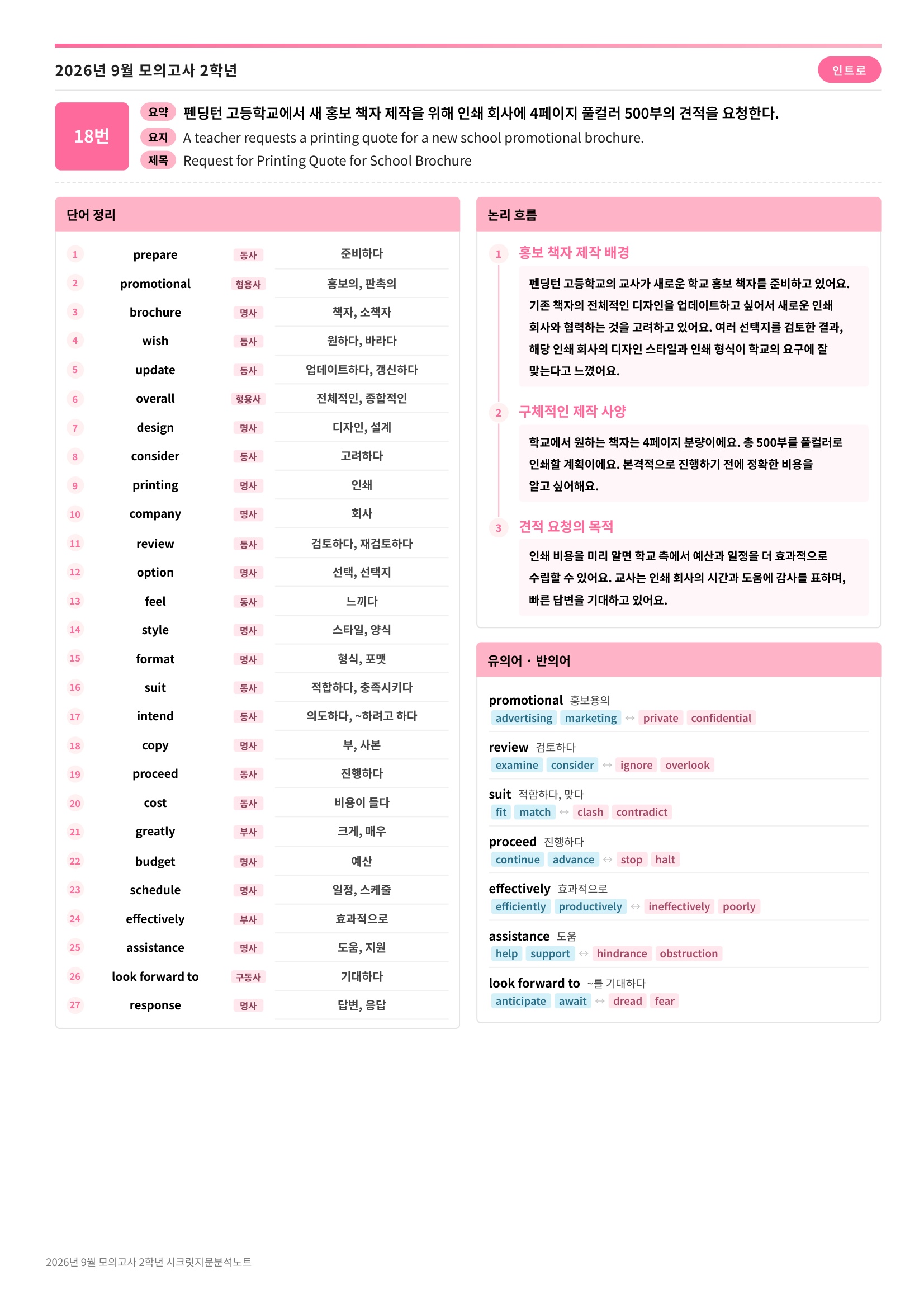 🩷[2026년 9월 모의고사][2학년] 지문분석+단어장+파이널체크🩷