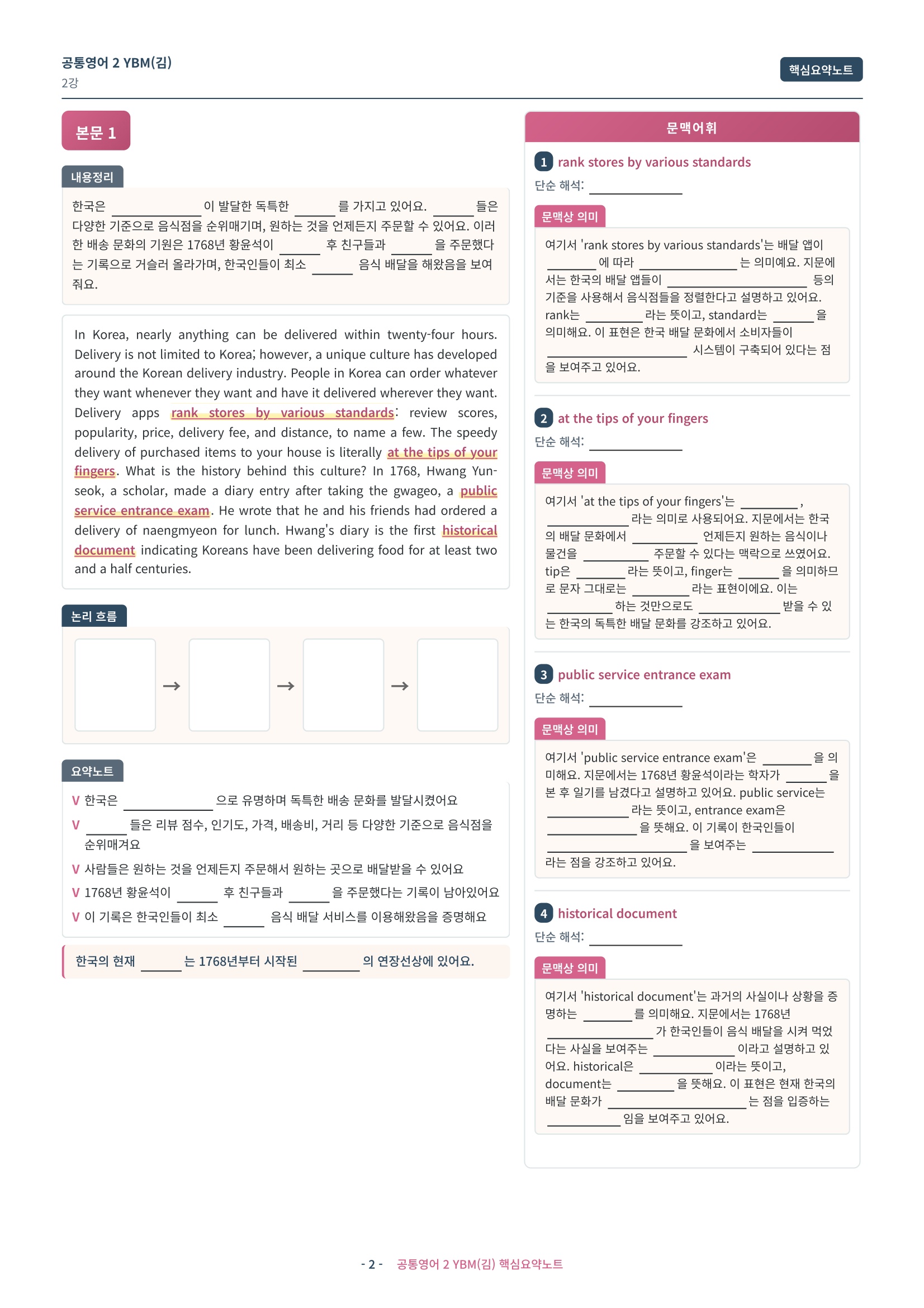 🩷(공통영어2) YBM(김) 2과 핵심요약노트🩷