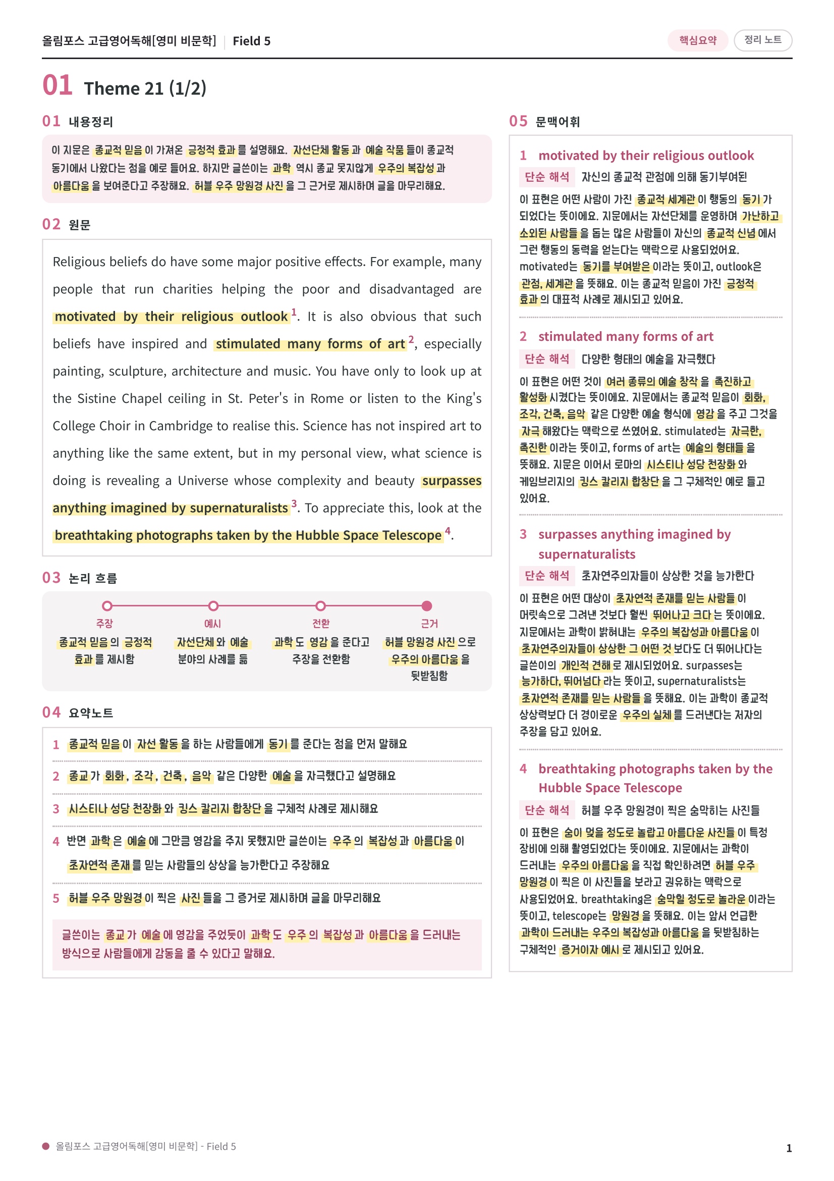 🩷[Field 5][핵심요약] 올림포스 고급영어독해 영미비문학🩷