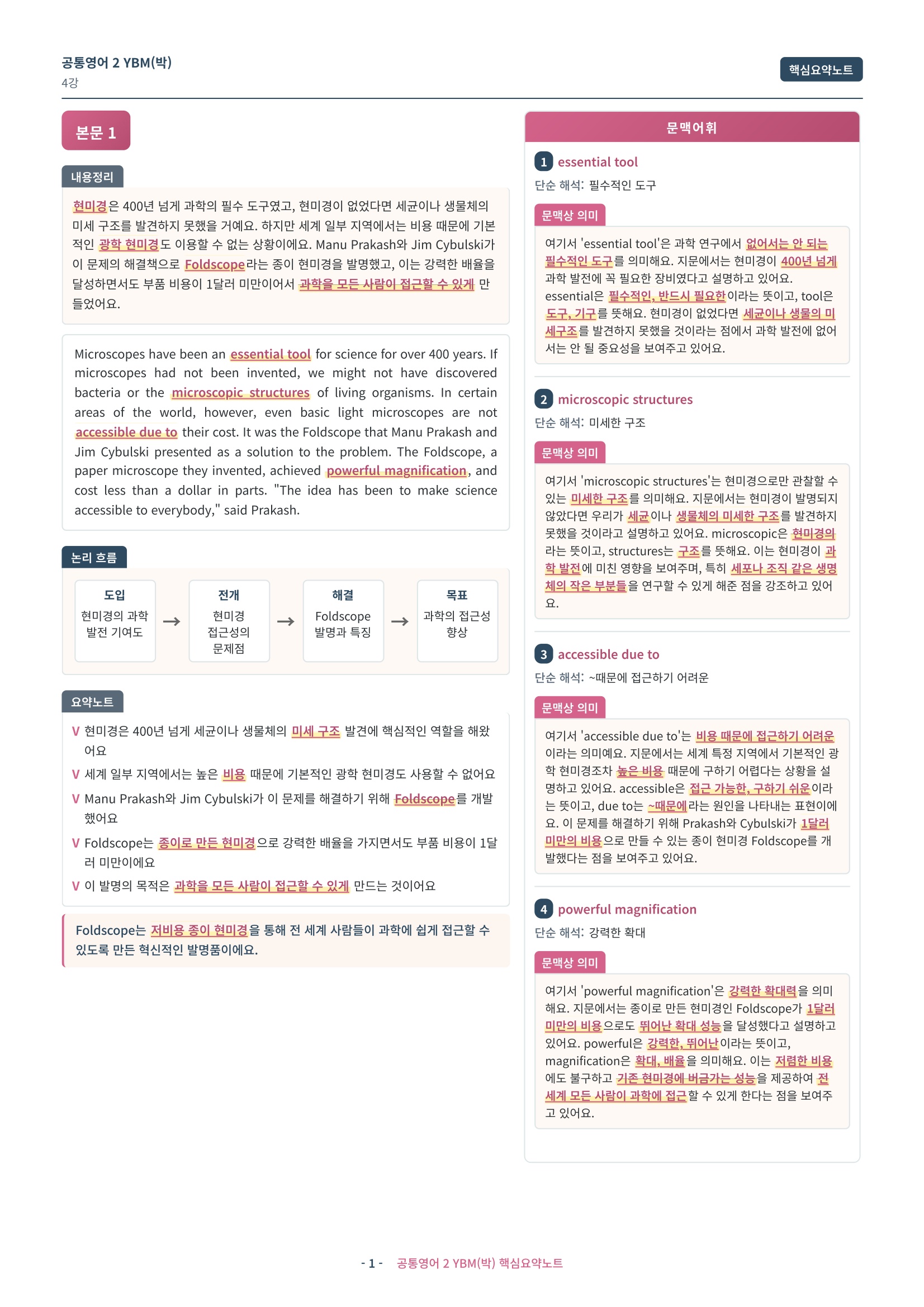 🩷 (공통영어2) YBM(박) 4과 핵심요약노트🩷