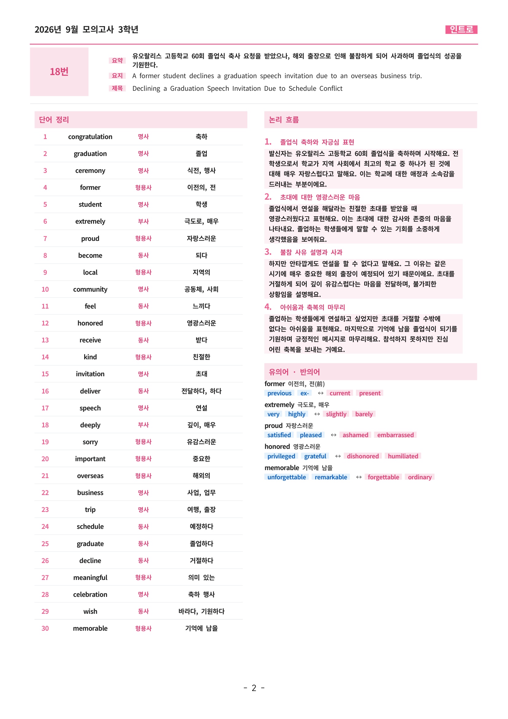 🩷[한글파일(편집가능)][2026년 9월 모의고사][3학년] 지문분석+단어장+파이널체크🩷