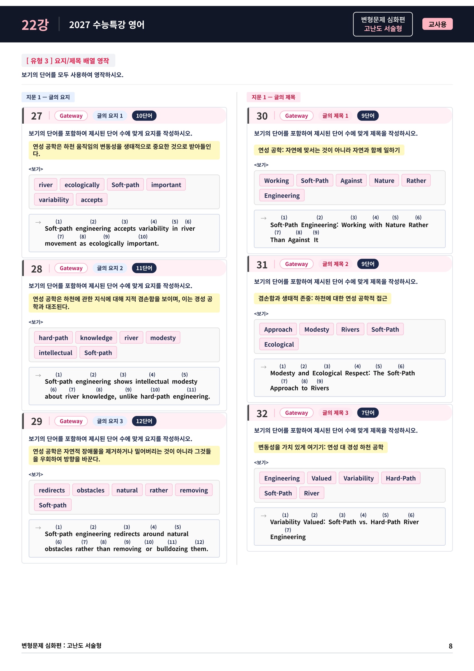 ❤️[고난도심화변형 서술형][22강] 27 수능특강 영어 (74제)❤️