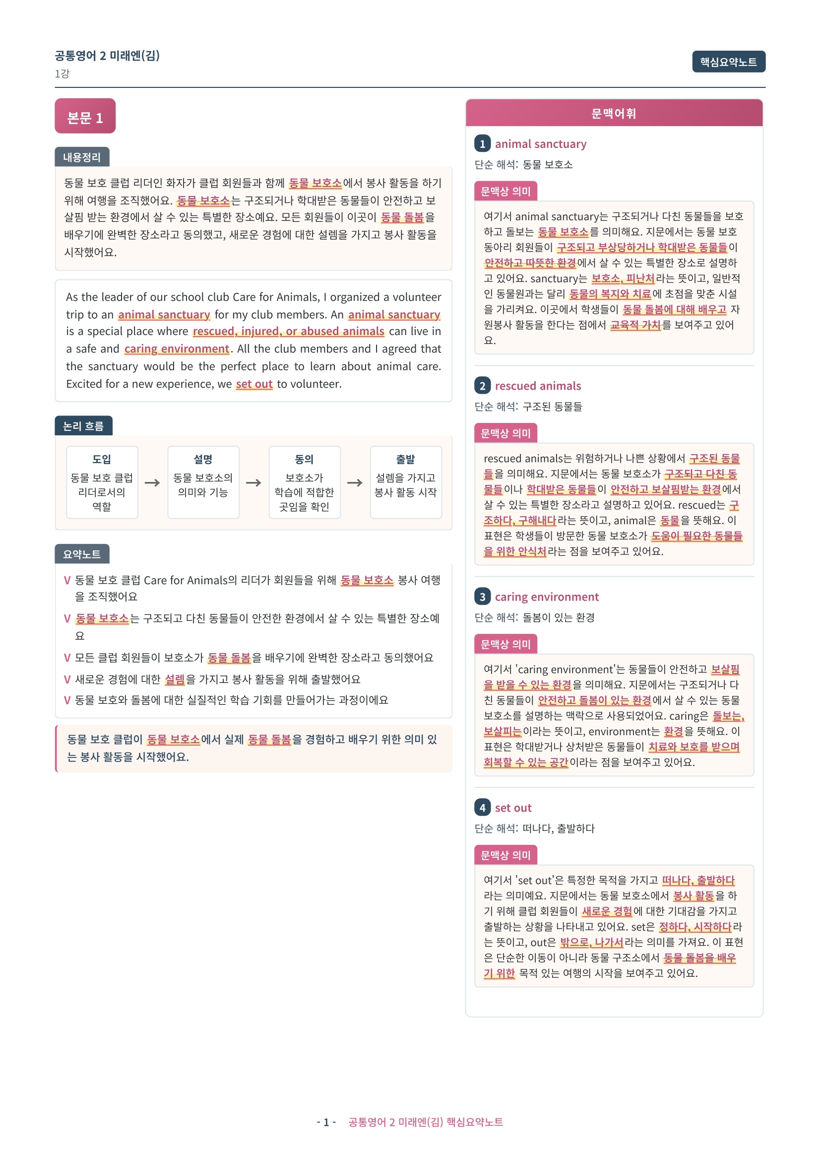 🩷 (공통영어2) 미래엔(김) 1과 핵심요약노트🩷