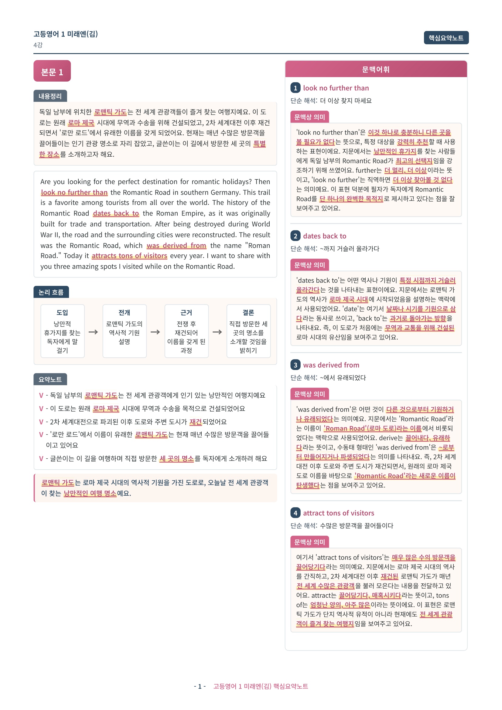 🩷 (고등영어1) 미래엔(김) 4과 핵심요약노트🩷
