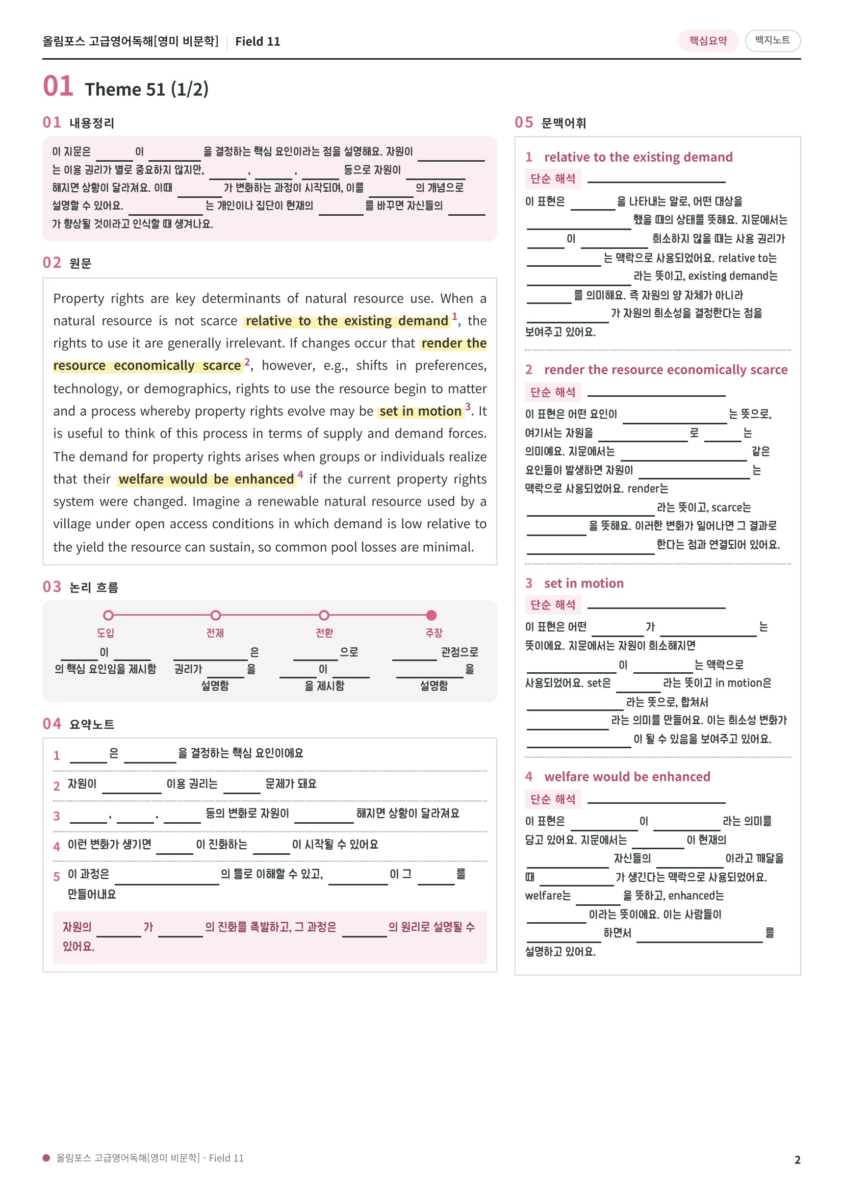 🩷[Field 11][핵심요약] 올림포스 고급영어독해 영미비문학🩷