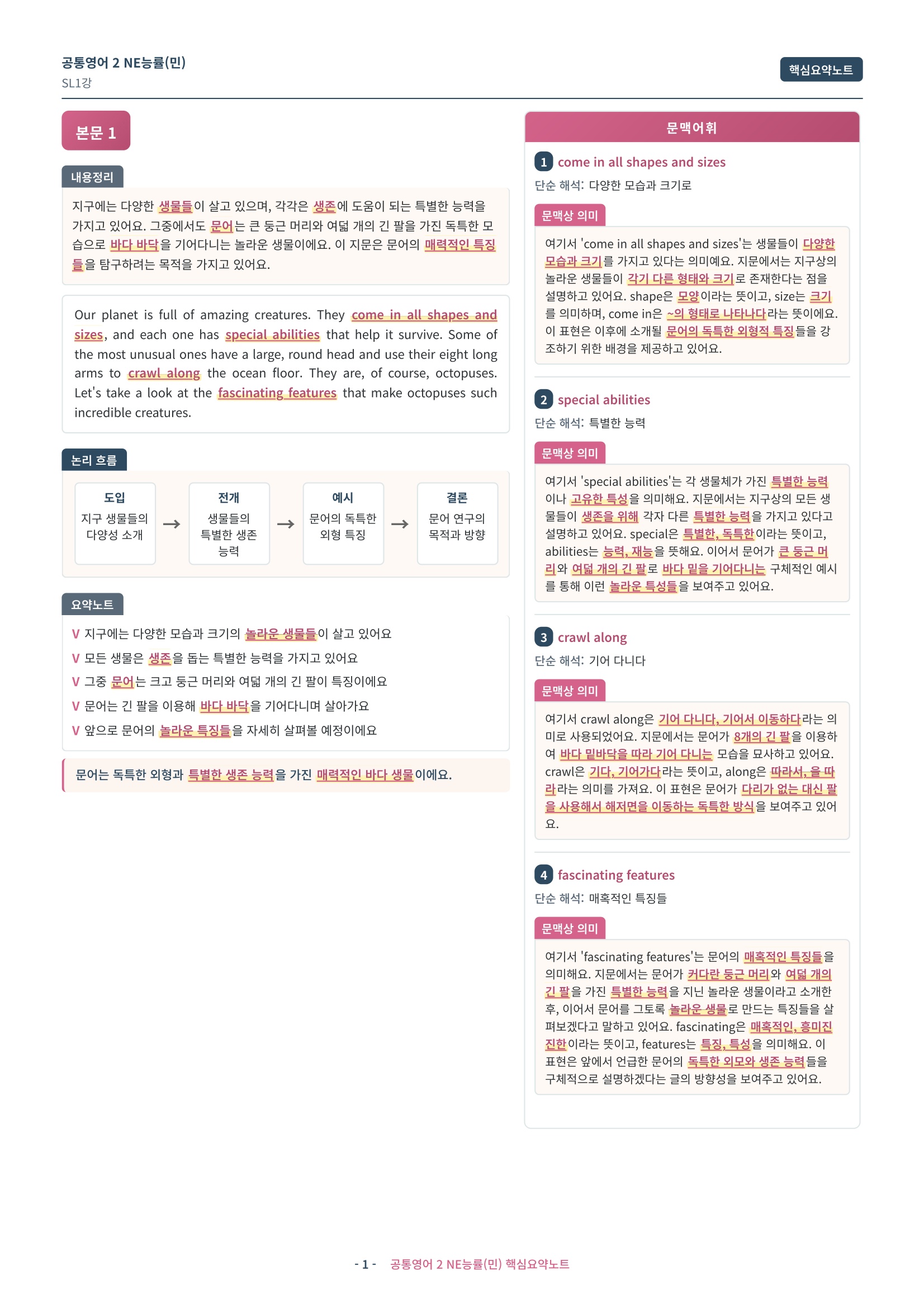 🩷 (공통영어2) 능률(민) SL 1과 핵심요약노트🩷