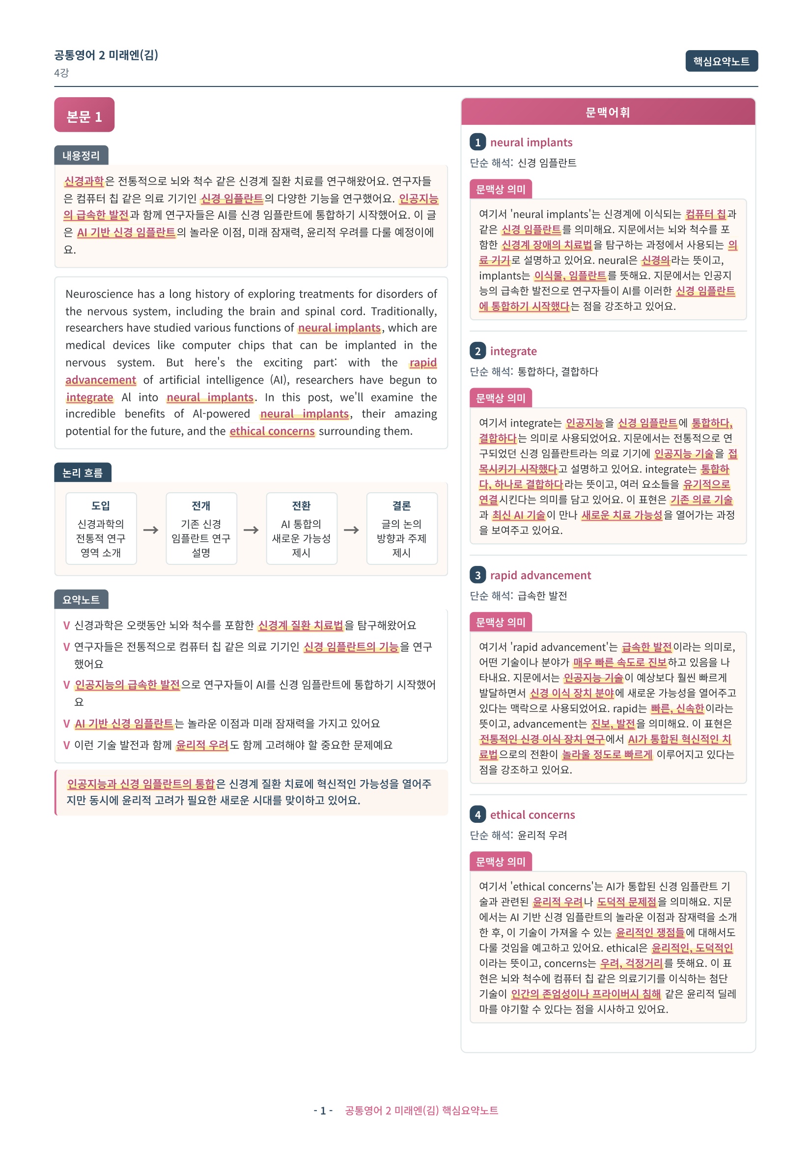 🩷 (공통영어2) 미래엔(김) 4과 핵심요약노트🩷