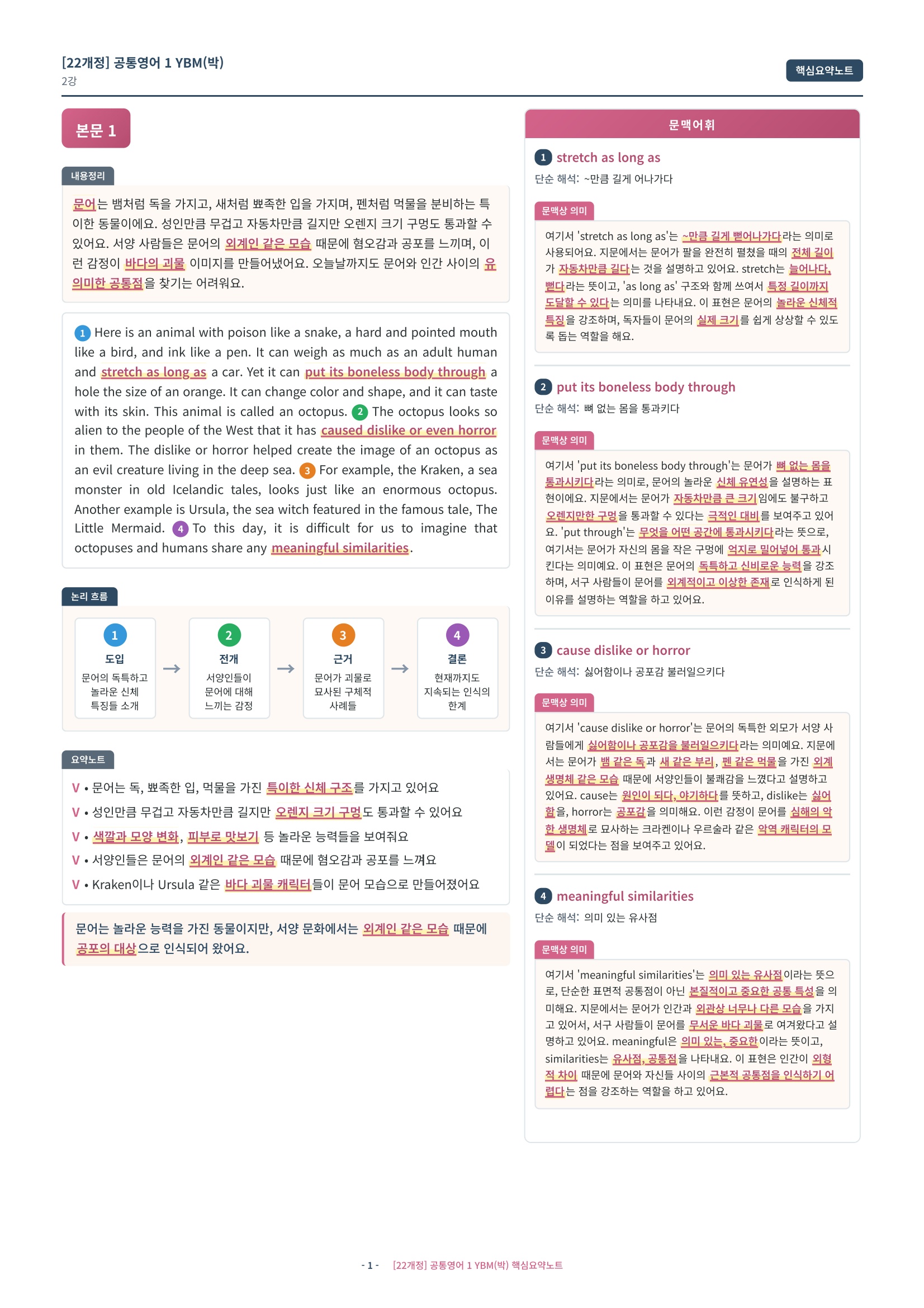 🩷[2과][핵심요약] 공통영어 1 YBM(박준언) 🩷