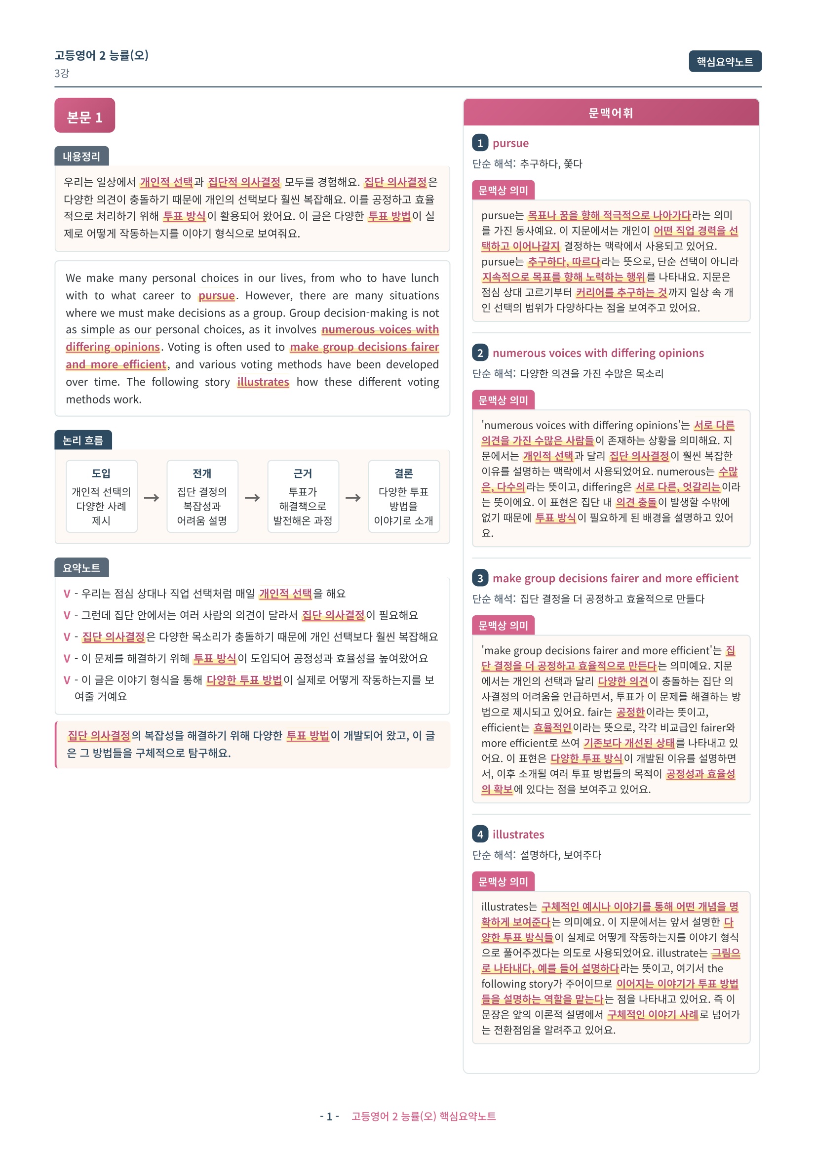 🩷 (고등영어2) 능률(오) 3과 핵심요약노트🩷