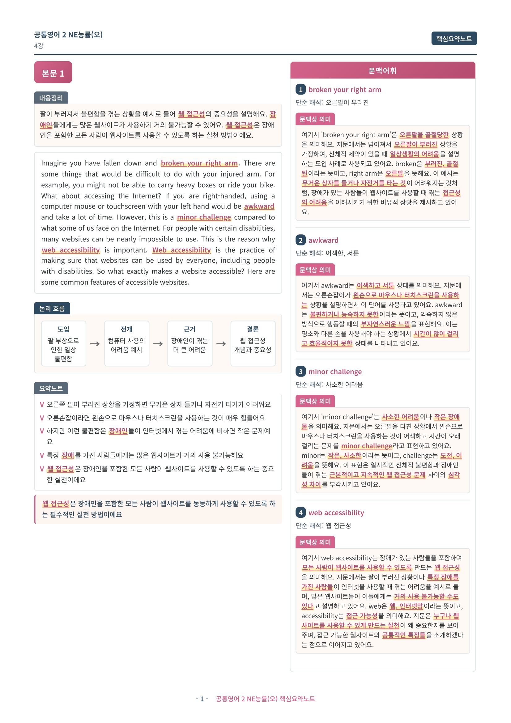 🩷 (공통영어2) 능률(오) 4과 핵심요약노트🩷