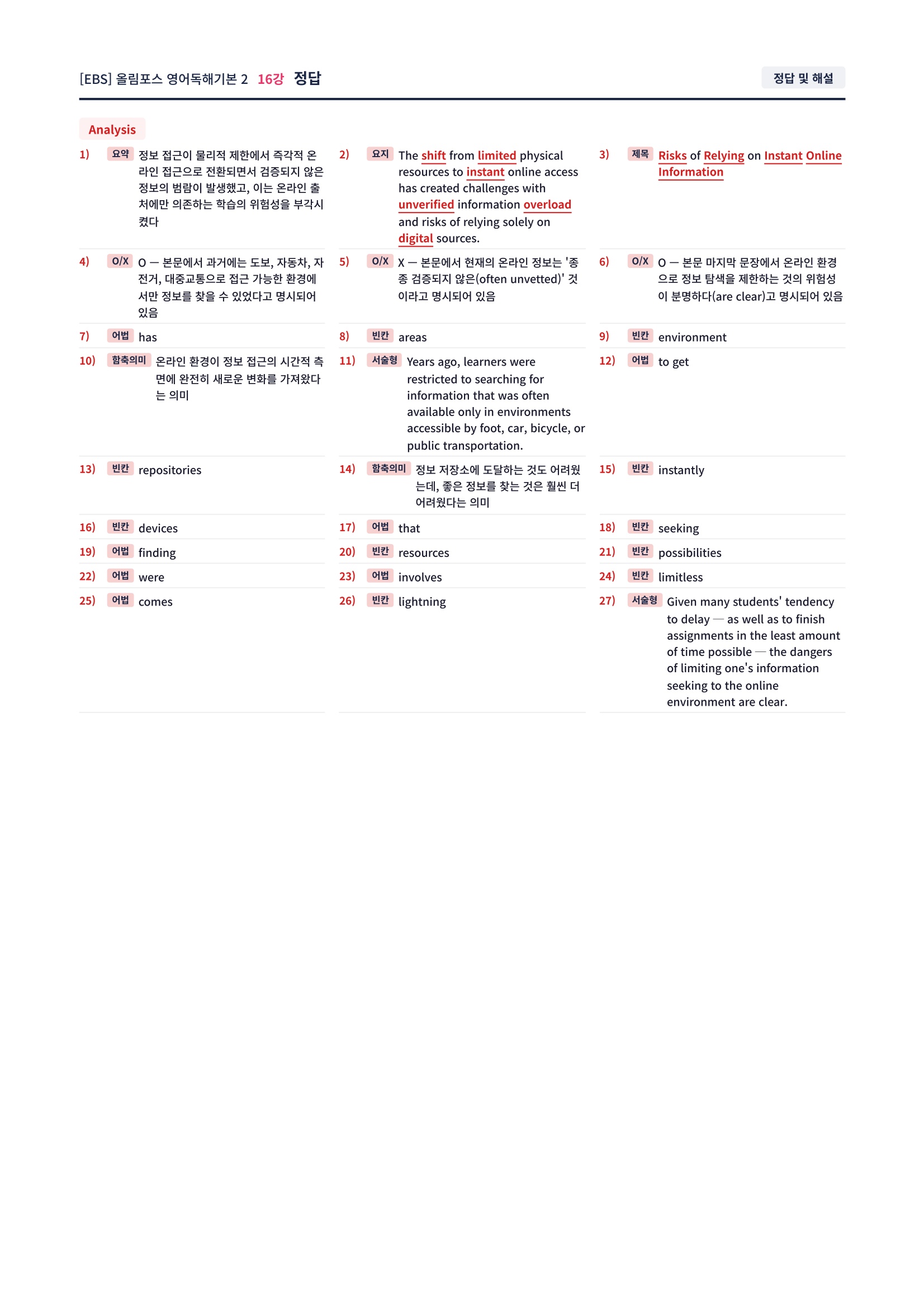 ❤️[16강]올림포스 영어독해기본 2 - 직전보강+삽화+통합문제❤️